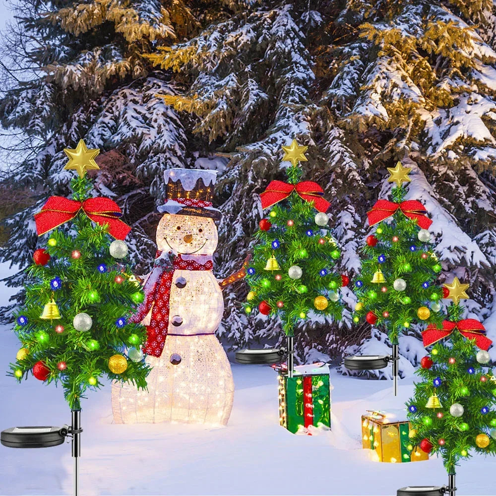 Decorative Christmas scene with trees, snowman, and presents in a snowy landscape.