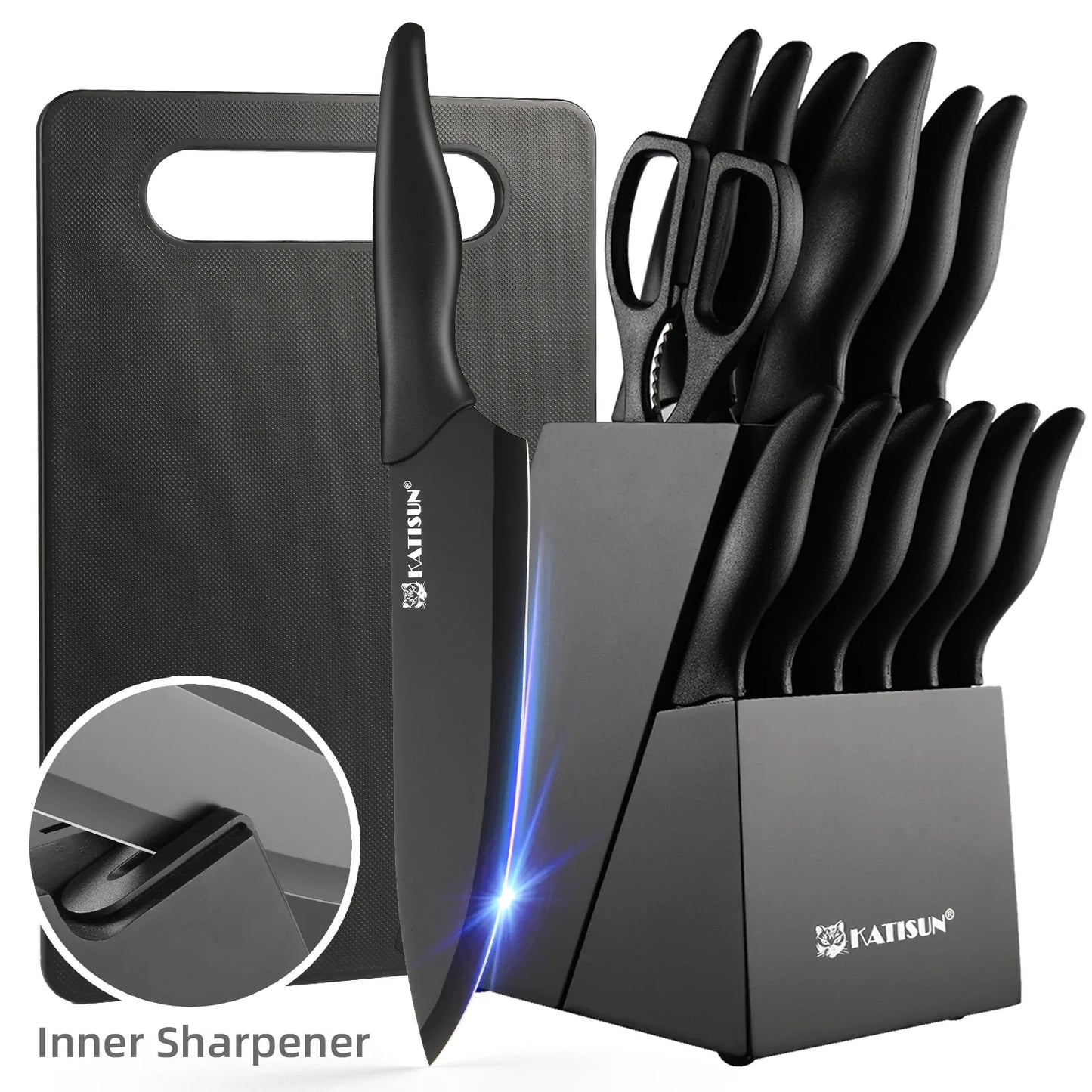 Black kitchen knife set with cutting board and shears on a white background