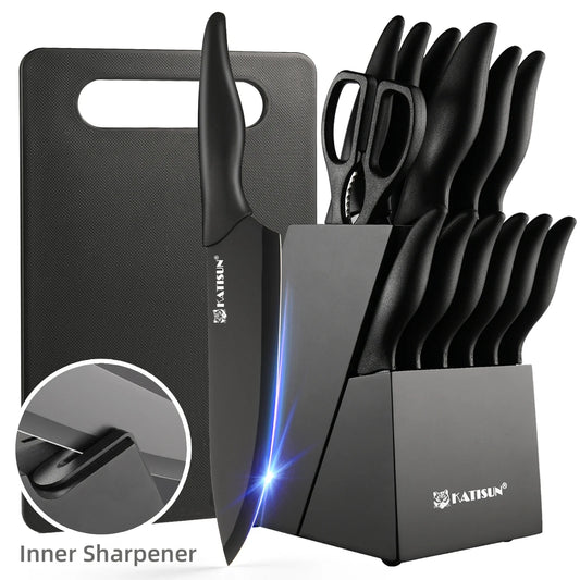 Black kitchen knife set with cutting board and shears on a white background