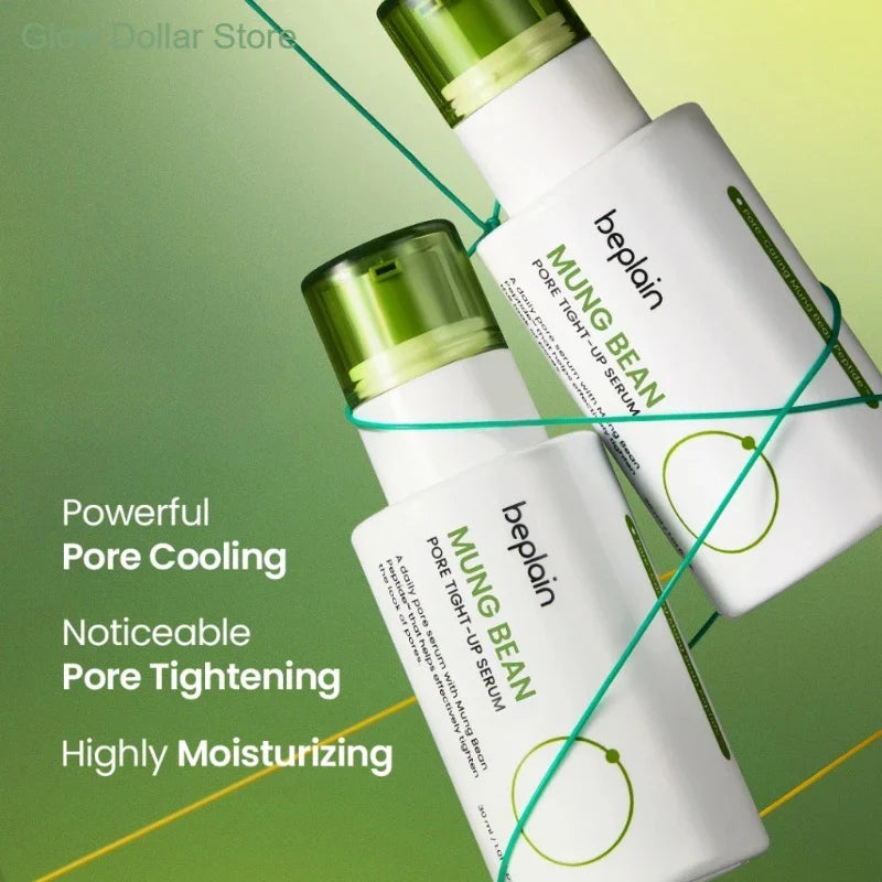 Two bottles of beplain Mung Bean skincare serum on a green background with text highlighting product benefits.