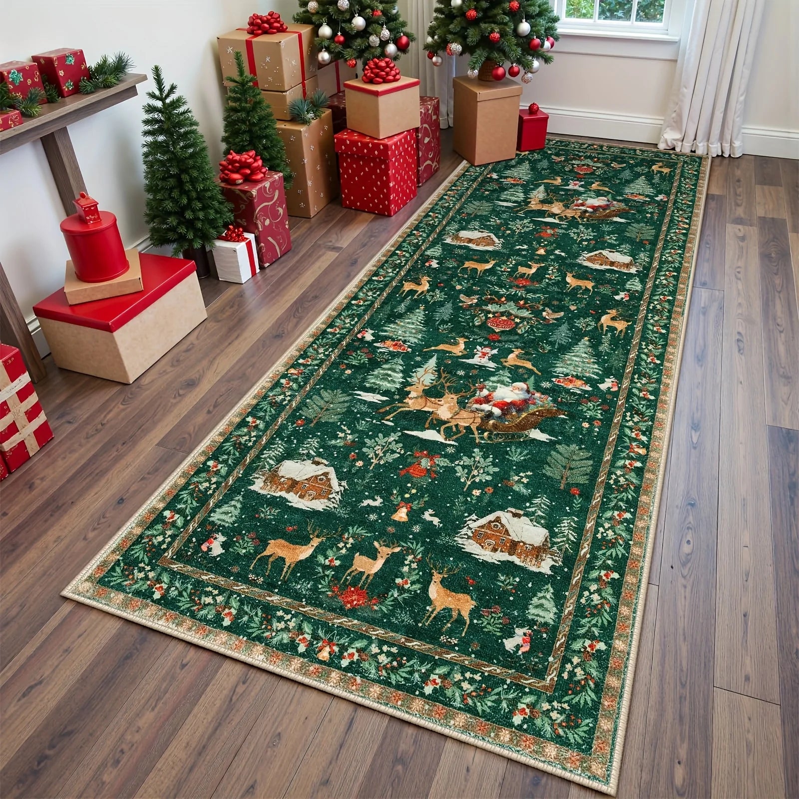 Decorative Christmas-themed rug with reindeer and presents on a wooden floor.