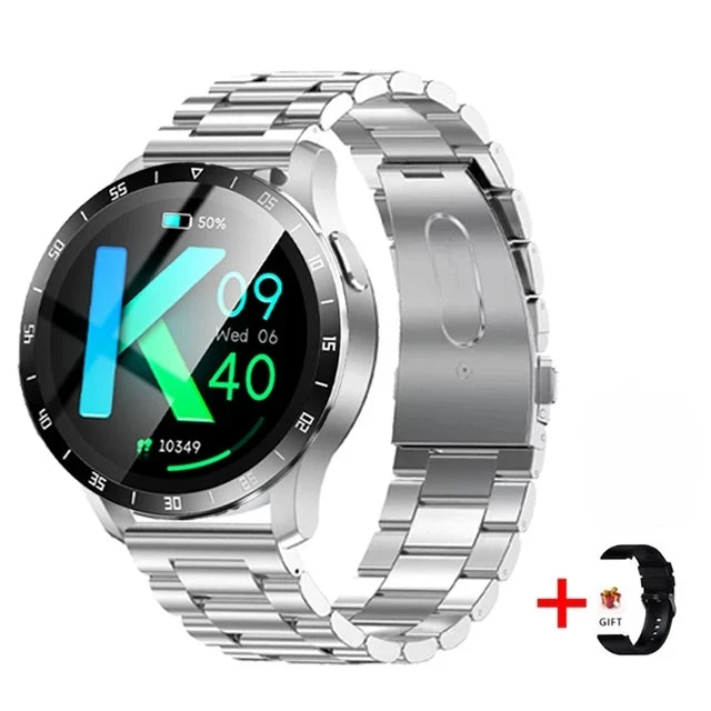 Silver smartwatch with digital display on a white background