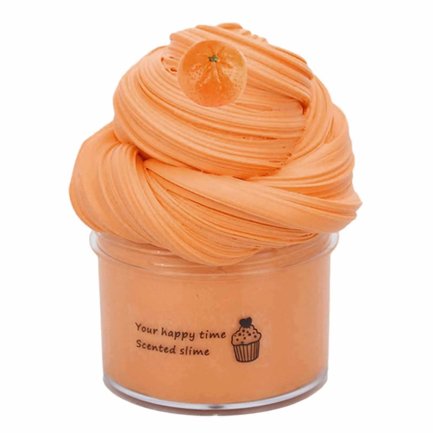 Orange slimes in a clear container with 'Your happy time scented slime' text on a white background