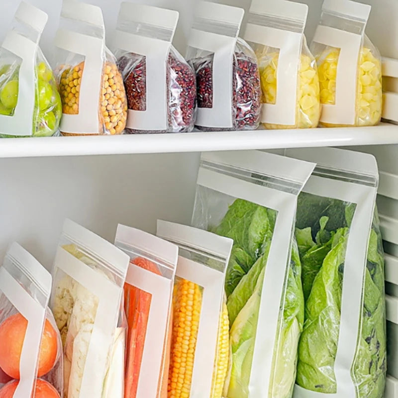 Shelves with various packaged fruits, vegetables, and grains in clear bags.