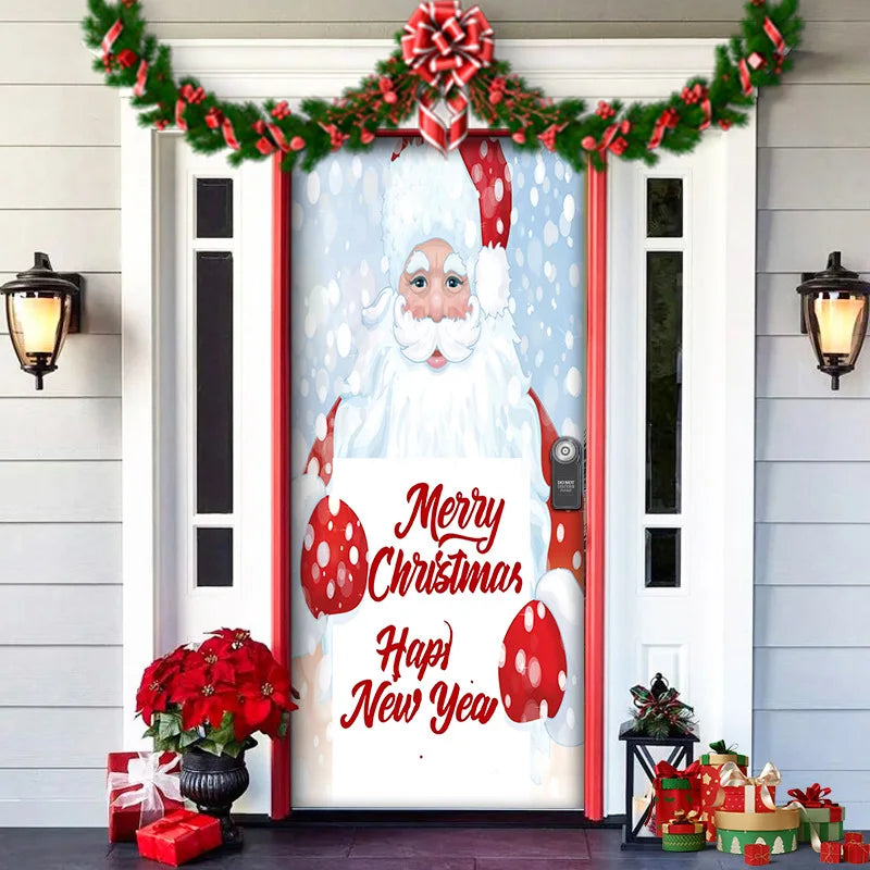 Decorative door with Santa Claus design and Christmas text on a house exterior.