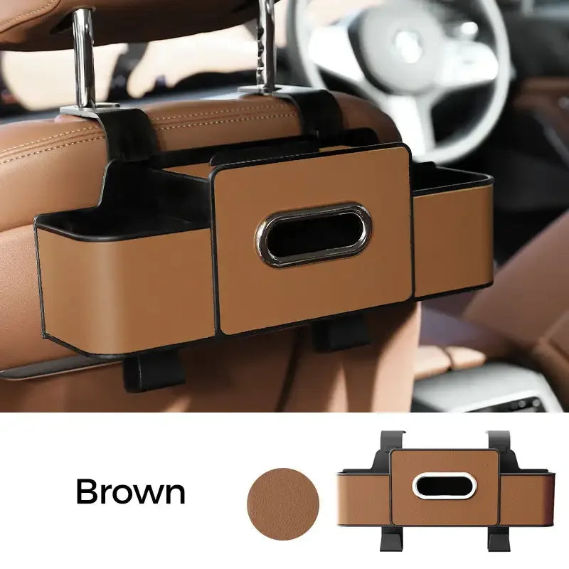 Brown car organizer with cup holder and storage compartments in a vehicle interior.