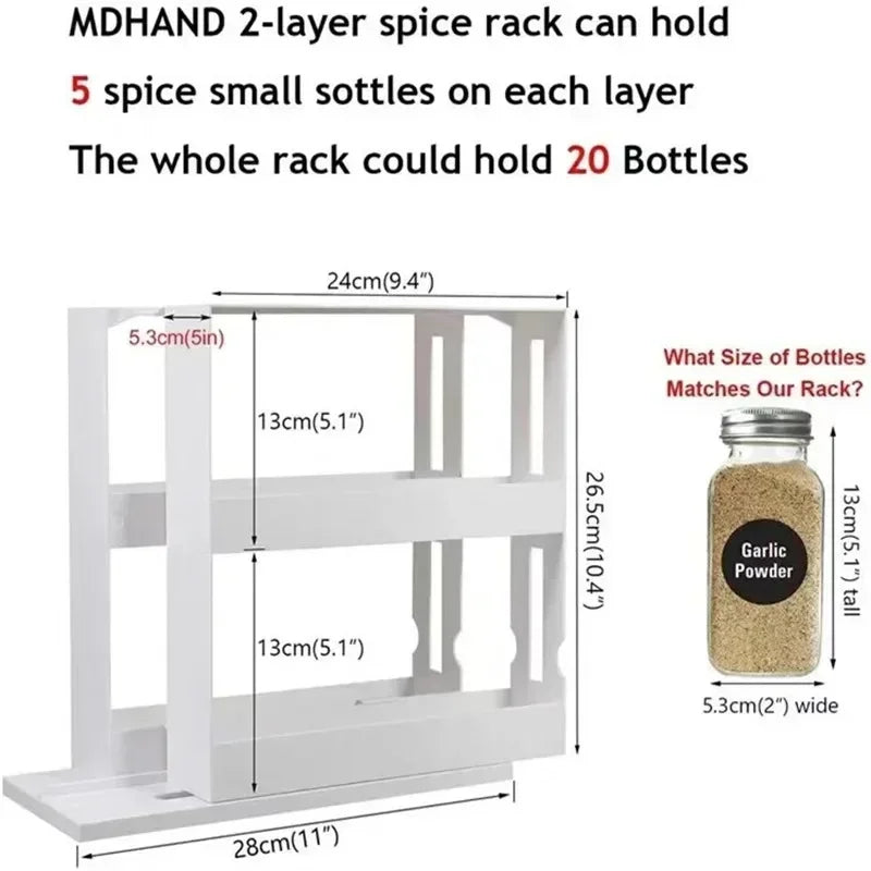 Spice rack with dimensions and bottle size information on a white background