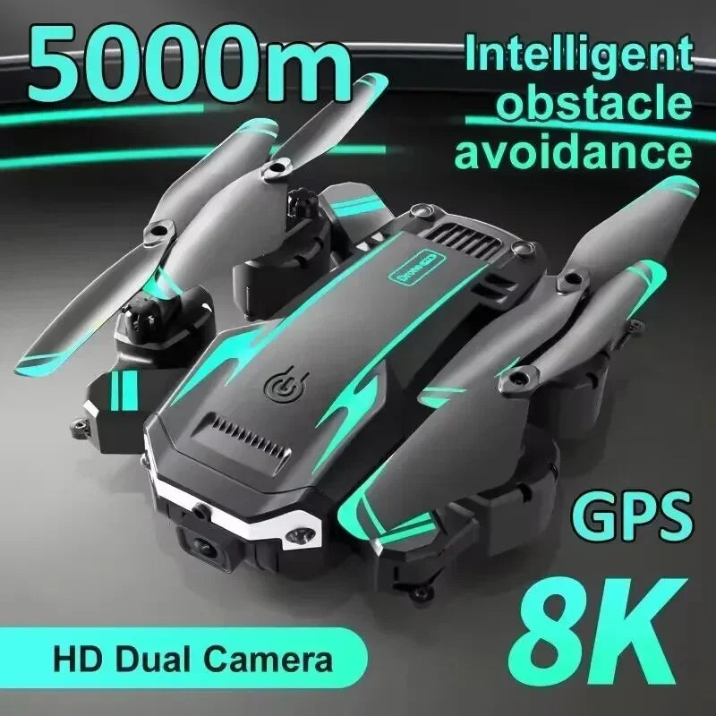 Black and green drone with text highlighting features like '5000m', 'Intelligent obstacle avoidance', 'GPS', '8K', and 'HD Dual Camera' on a dark background.