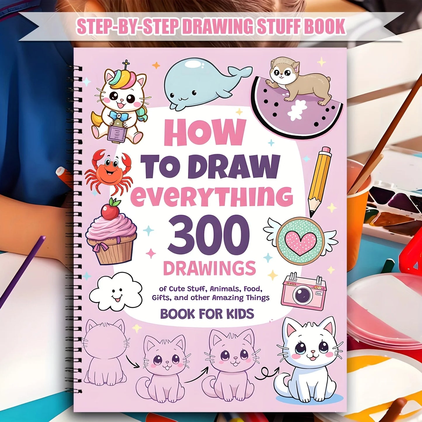 Step-by-step drawing book for kids with colorful illustrations on a pink background