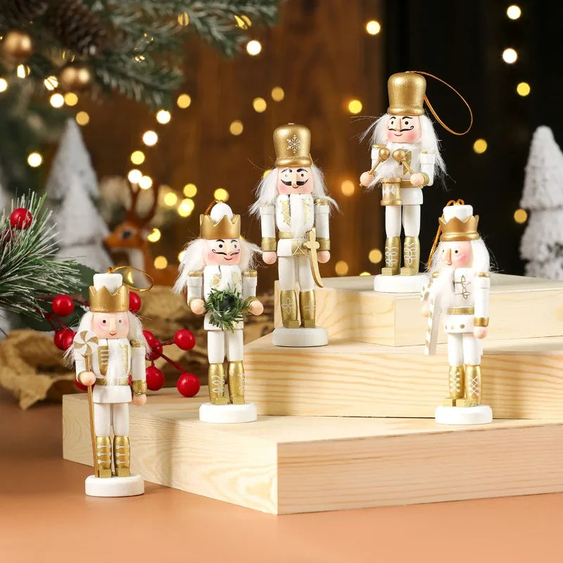 Wooden nutcrackers on a wooden stand with Christmas decorations in the background