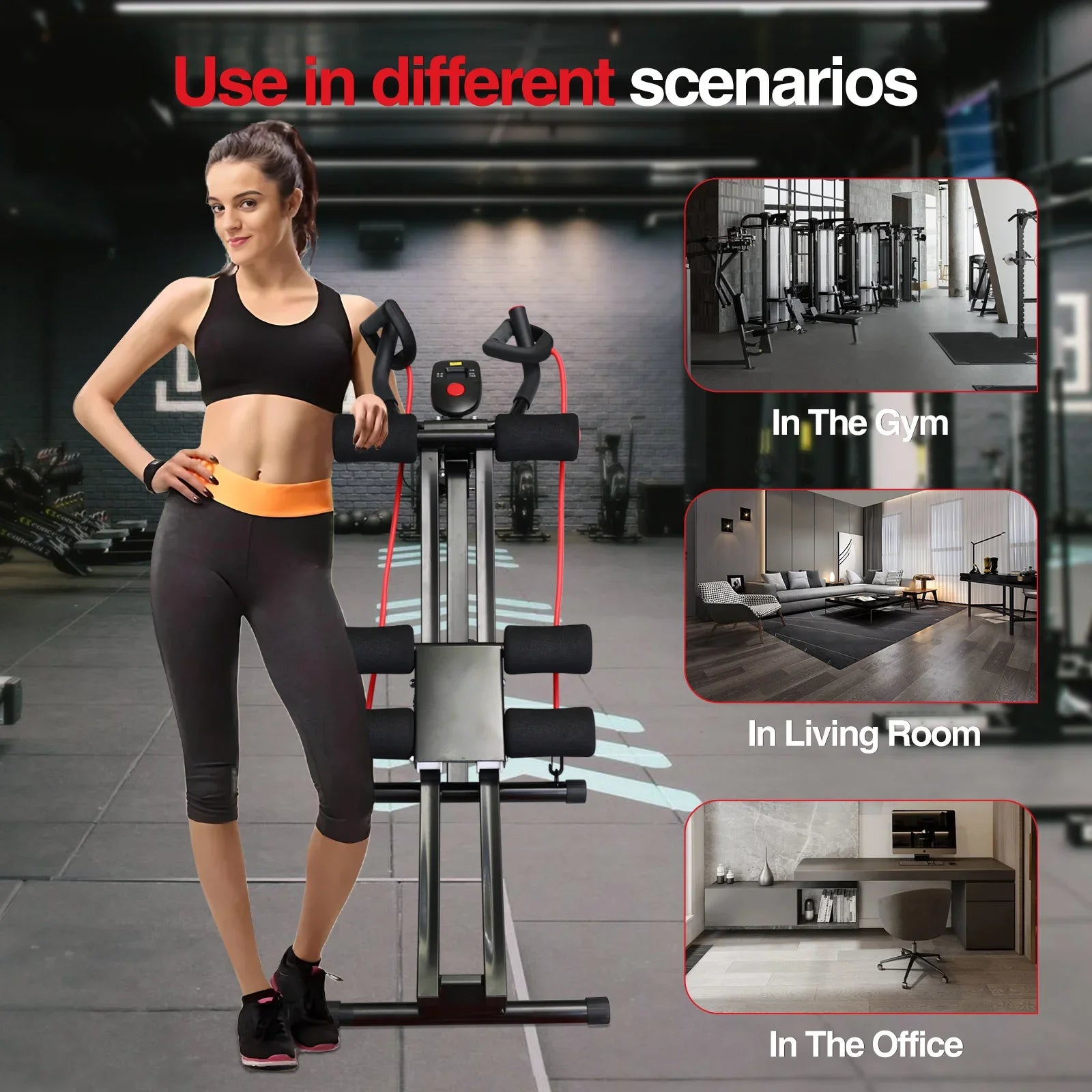 Woman using a piece of exercise equipment with scenarios shown in gym, living room, and office.