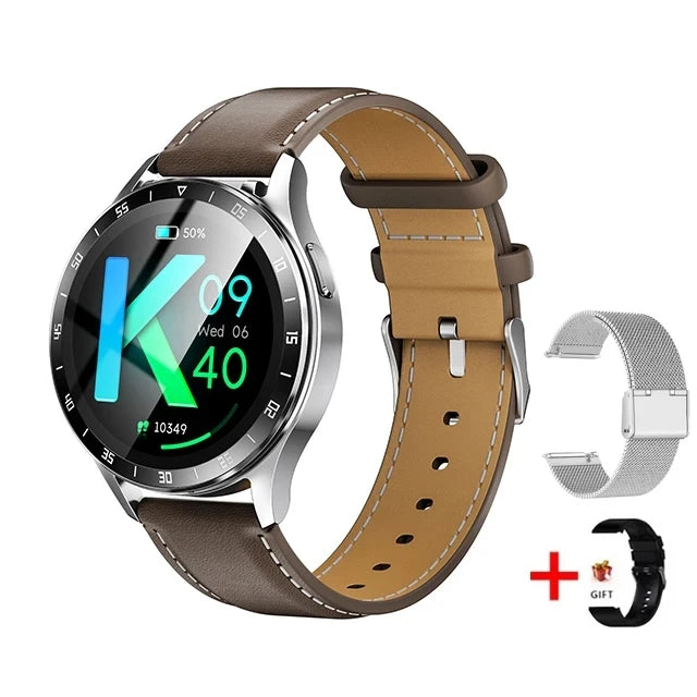 Smartwatch with brown leather strap and additional metal band on a white background