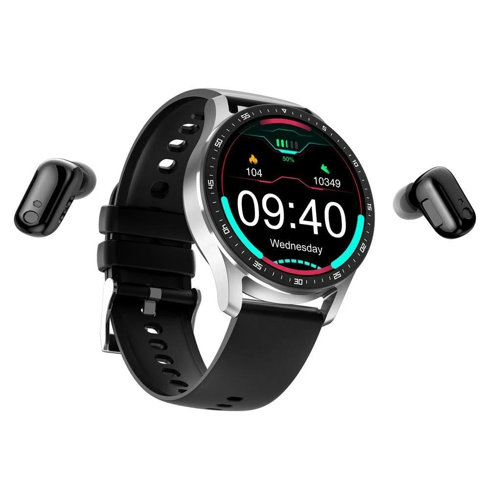 Smartwatch with black band and wireless earbuds on a white background
