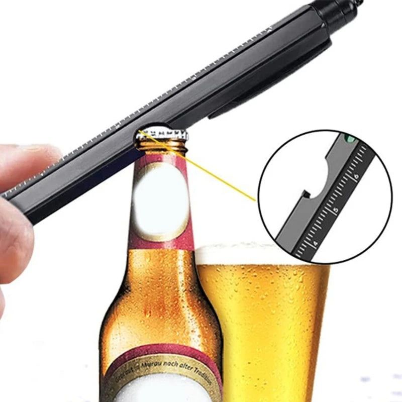 Black bottle opener being used on a beer bottle with a close-up of the tool's design.