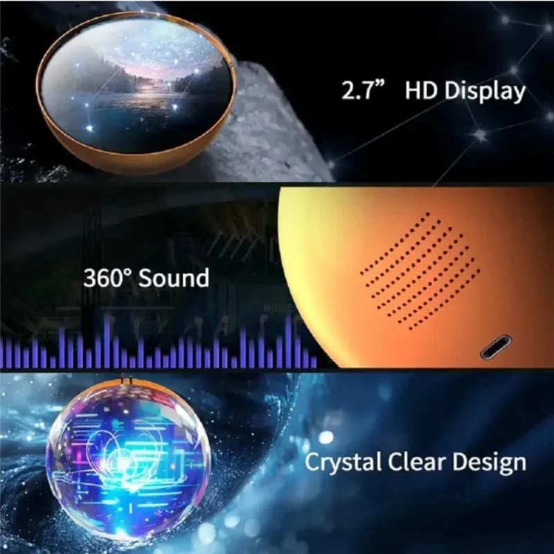 Product with 2.7" HD display, 360° sound, and crystal clear design on a space-themed background.