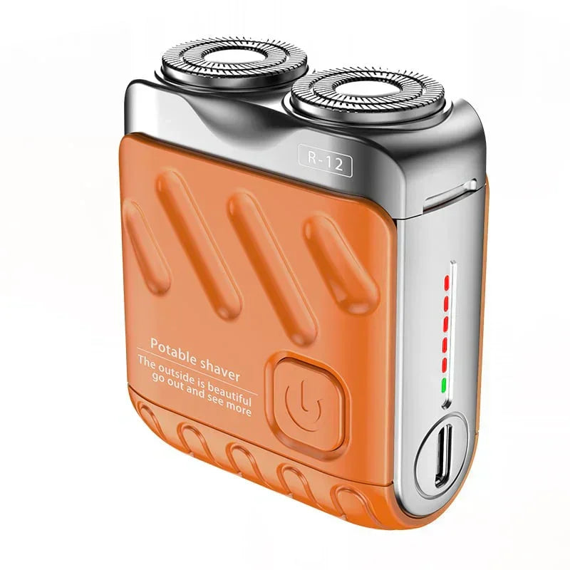 Orange portable shaver with silver top on a white background