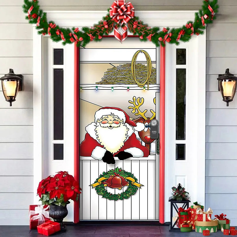 Decorative door with Santa Claus illustration, Christmas garlands, and presents.