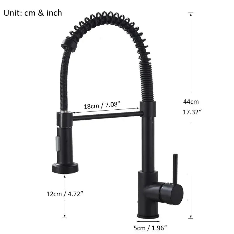 Black kitchen faucet with measurements in centimeters and inches on a white background