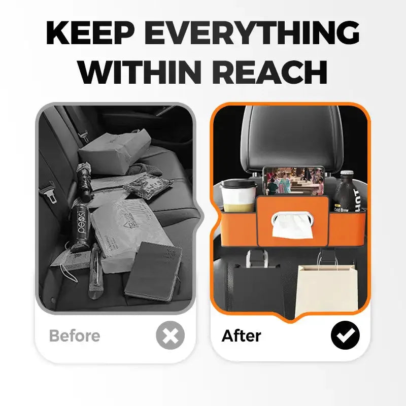 Before and after comparison of a car's backseat with an organizer.