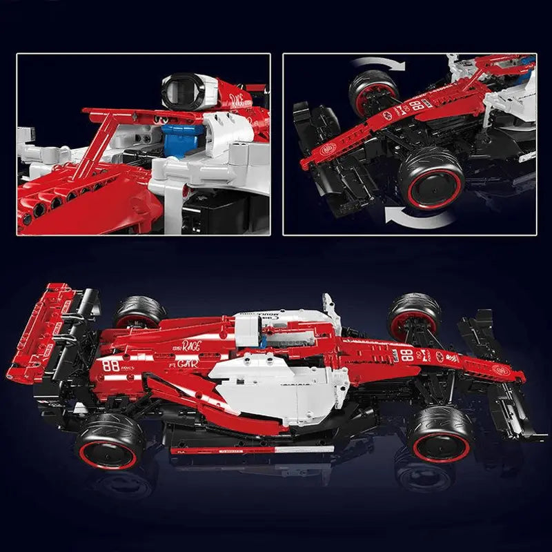 Red and white Formula 1 car model made of interlocking bricks on a dark background