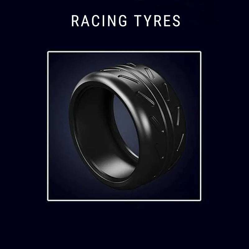 Black racing tire on a dark background with 'RACING TYRES' text.