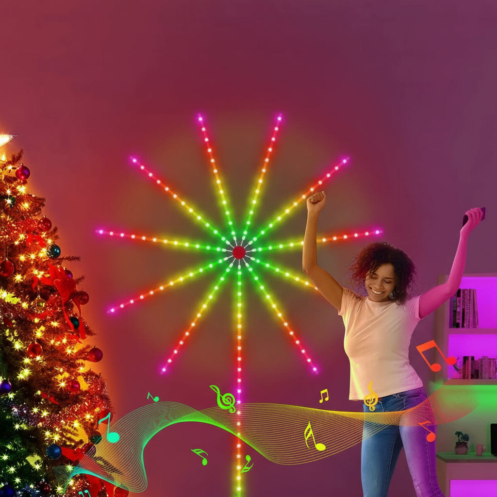 Music Sync Party Atmosphere Lights with a woman dancing and a decorated Christmas tree.