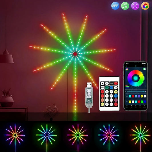 Colorful LED light show with remote control and smartphone app on a dark background