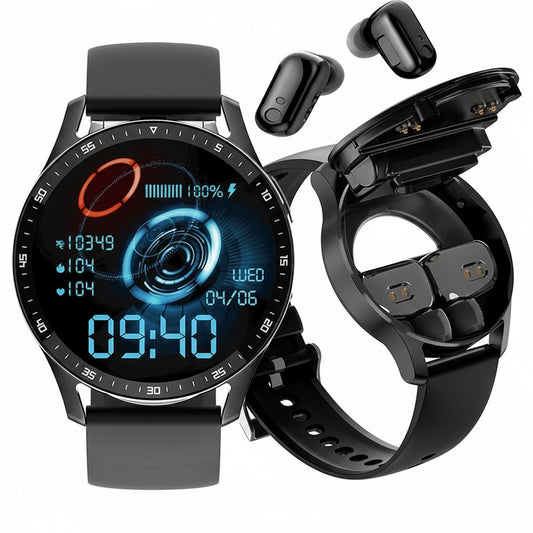 Black smartwatch with wireless Bluetooth headset on a white background