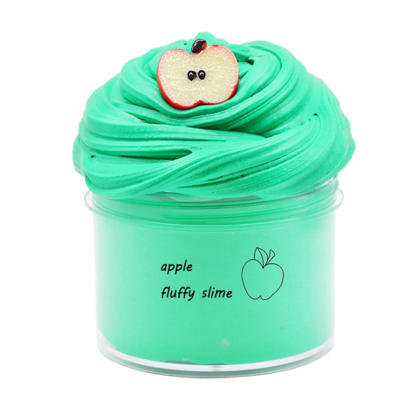 Green fluffy slime with an apple slice on top in a clear container on a white background