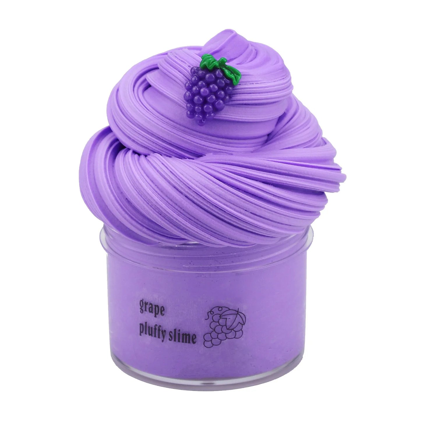 Purple pluffy slime with a grape decoration in a clear jar on a white background