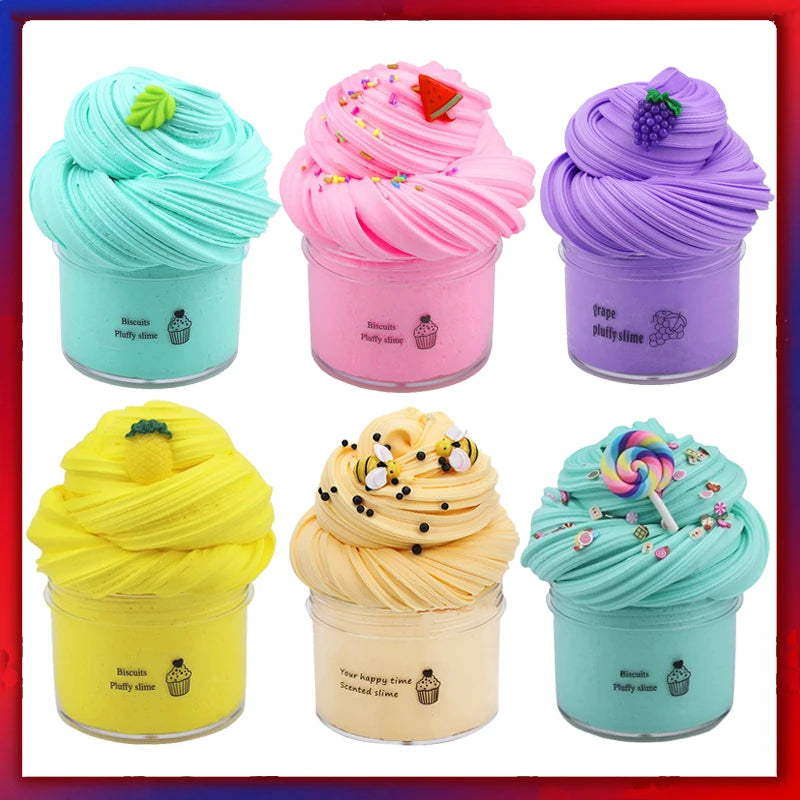 Six colorful slimes in cupcake containers with decorative elements on a white background.