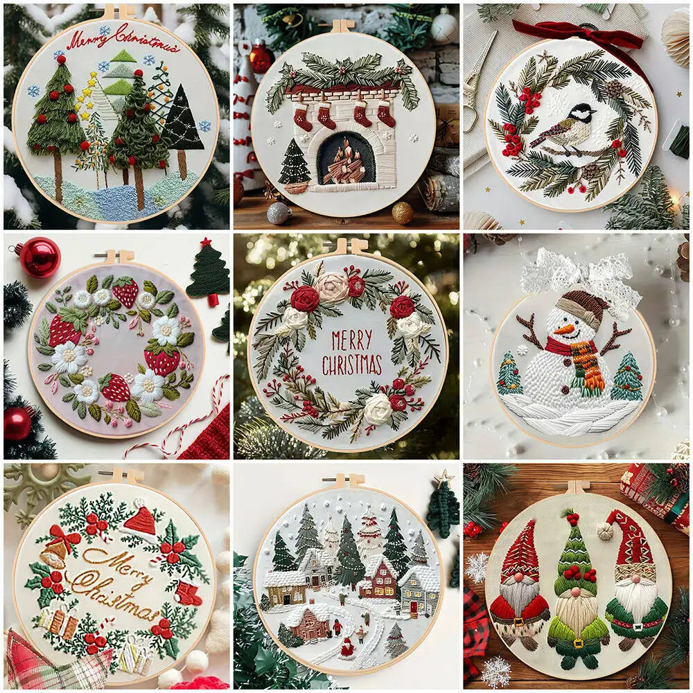 Collage of various Christmas-themed embroidery hoop art.