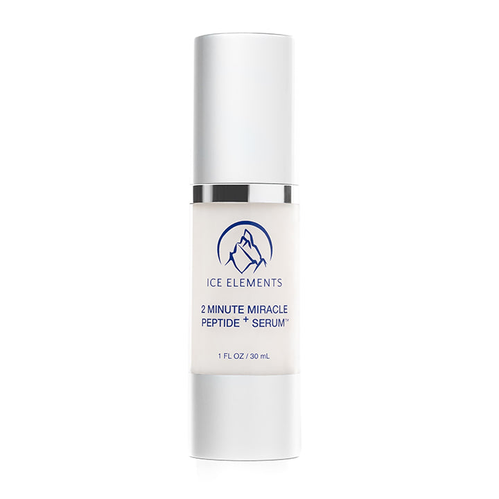 Skincare serum bottle labeled '2 Minute Miracle Peptide Serum' by Ice Elements on a white background