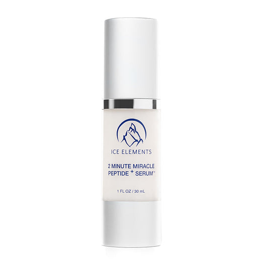 Skincare serum bottle labeled '2 Minute Miracle Peptide Serum' by Ice Elements on a white background