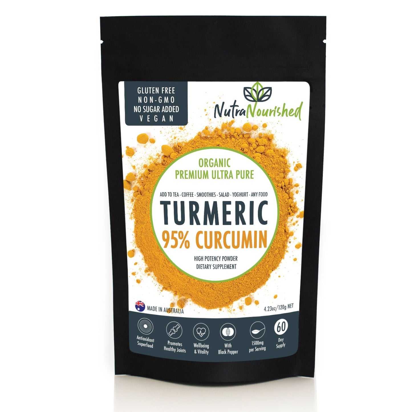 Nutra Nourished turmeric powder package on a white background