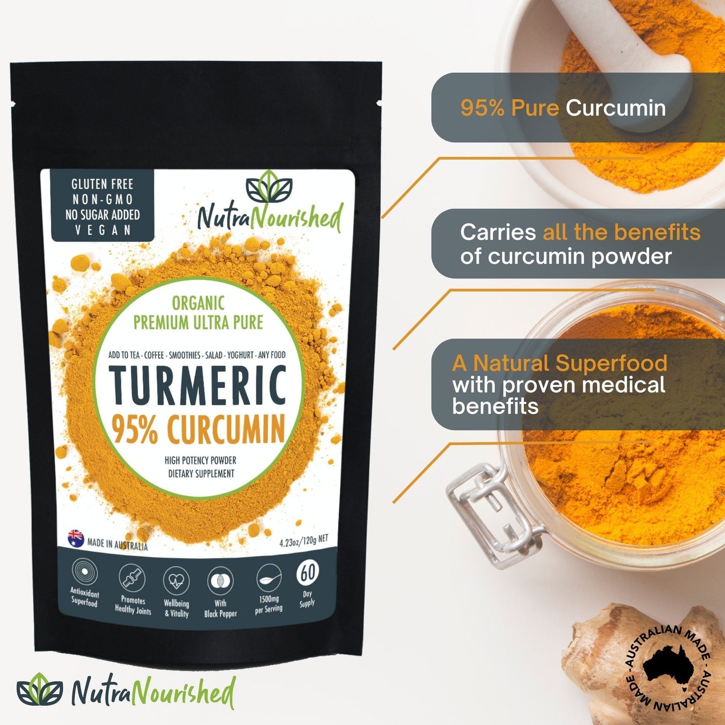 Turmeric powder package with NutraNourished branding and product details.