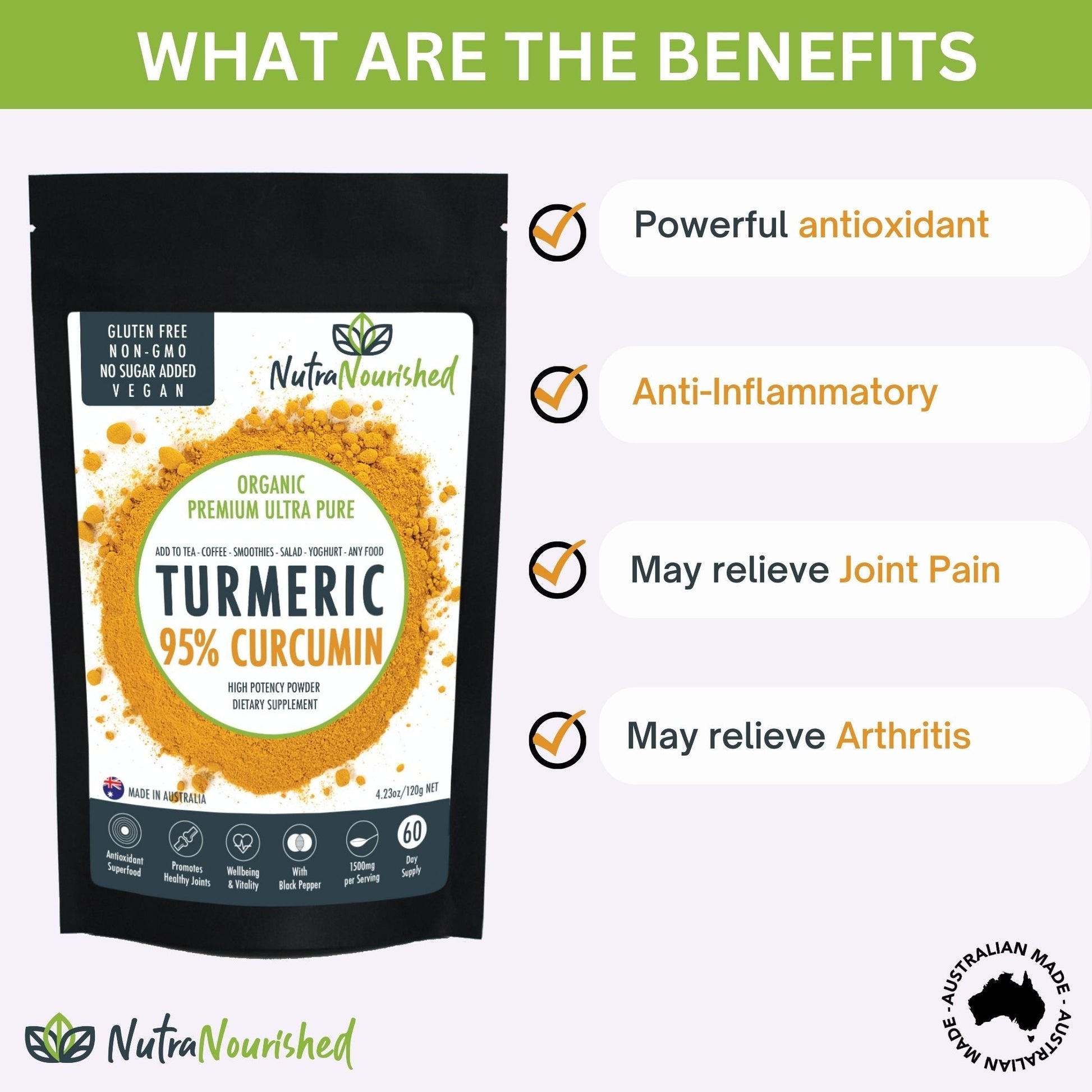 NutraNourished turmeric supplement package with benefits listed on a white background