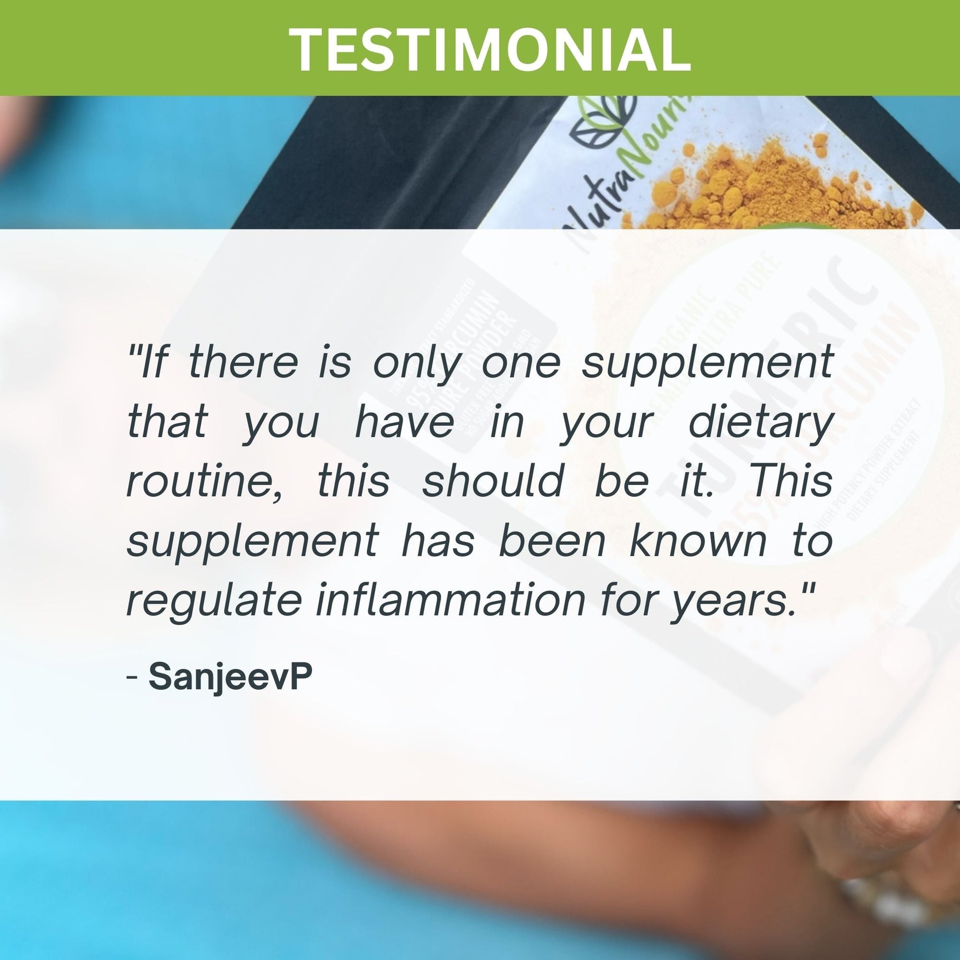 Supplement package with a testimonial quote on a blue background