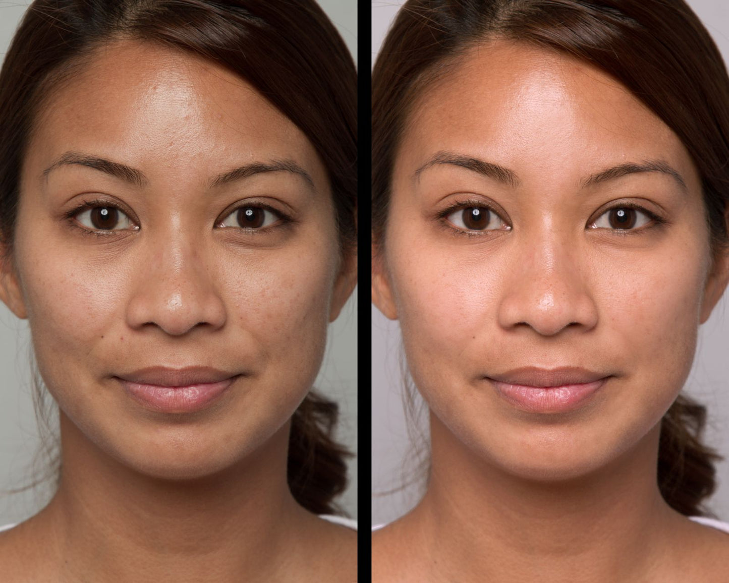 Side-by-side comparison of a woman's face with and without makeup on a neutral background