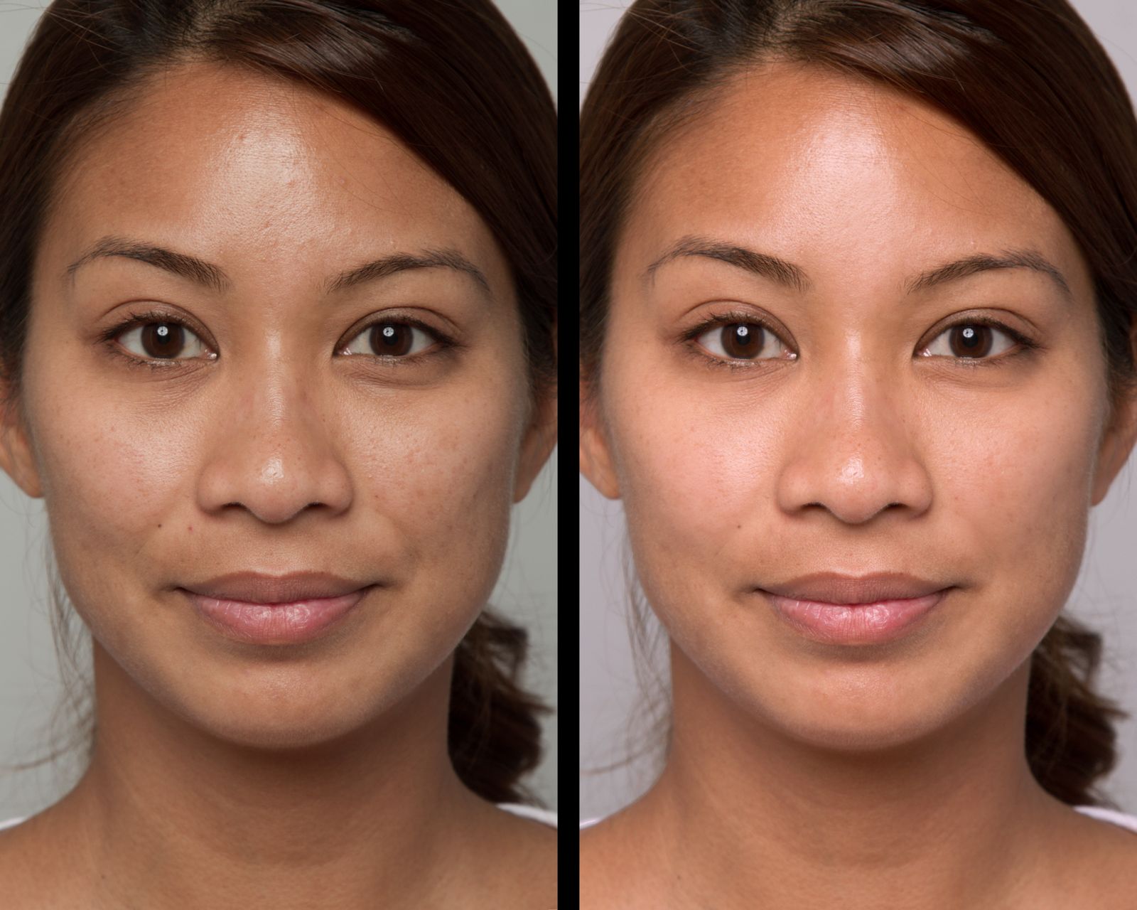 Side-by-side comparison of a woman's face with and without makeup on a neutral background
