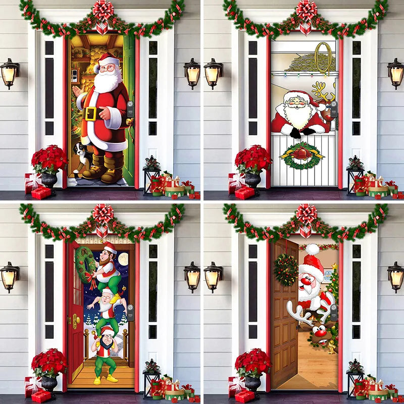 Four Christmas-themed door decorations featuring Santa Claus and elves on a house exterior.