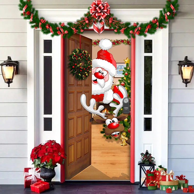 Decorative door with Santa Claus and reindeer design, surrounded by Christmas decorations.