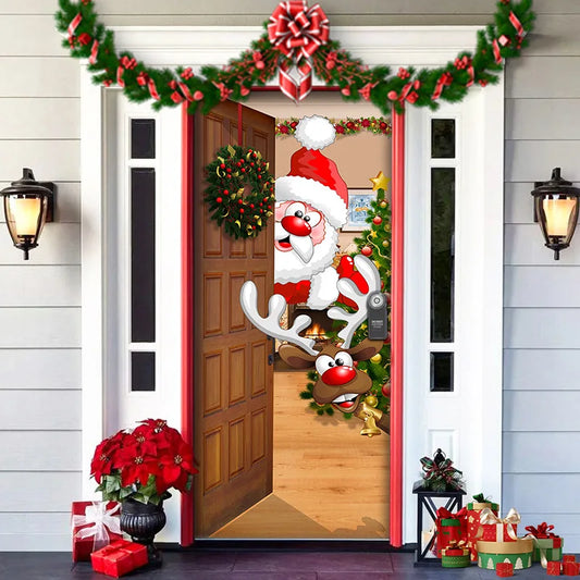 Decorative door with Santa Claus and reindeer design, surrounded by Christmas decorations.