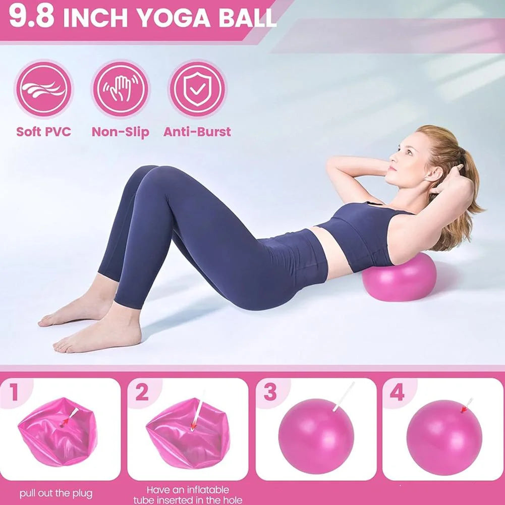 Woman using a pink yoga ball with product features and assembly instructions displayed.