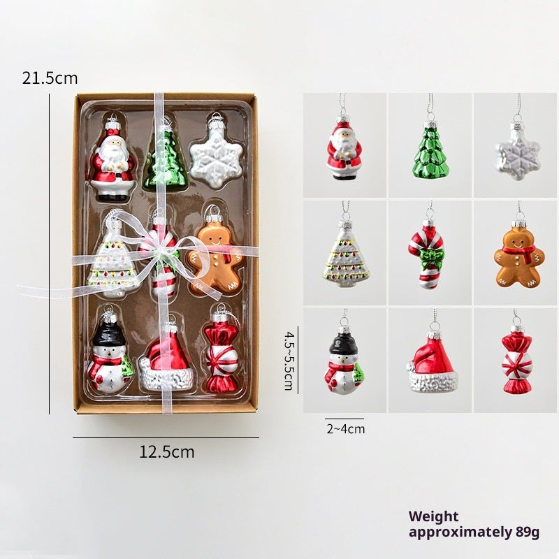 Set of Christmas ornaments in a box with dimensions and weight information.