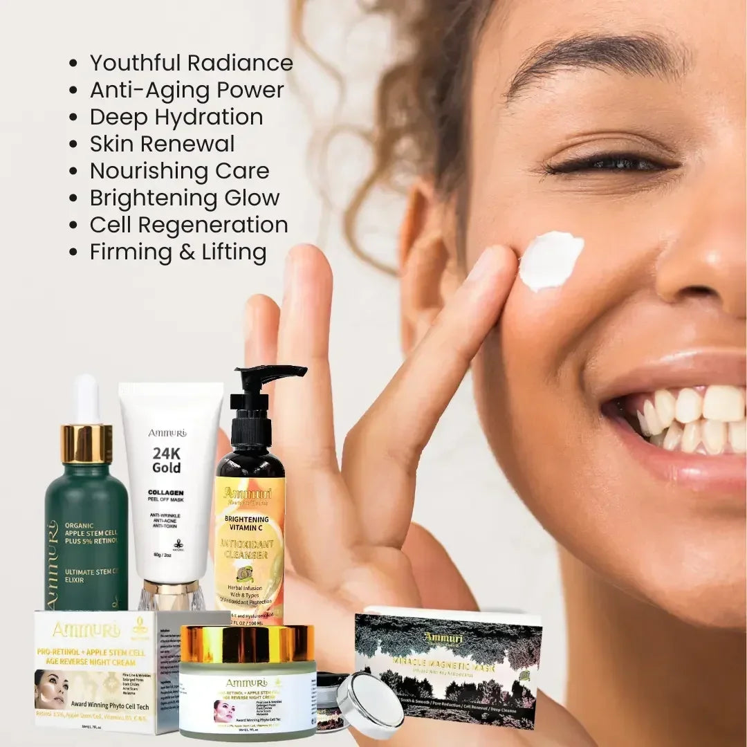 Skincare products with a woman applying cream to her face, featuring text on benefits.