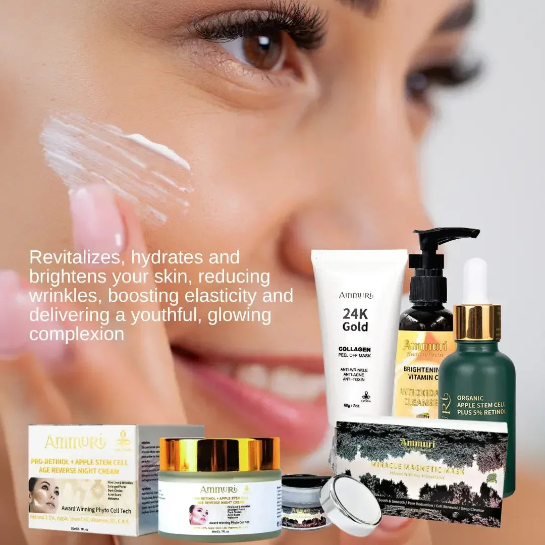 Skincare products with a woman applying cream, text about skincare benefits.