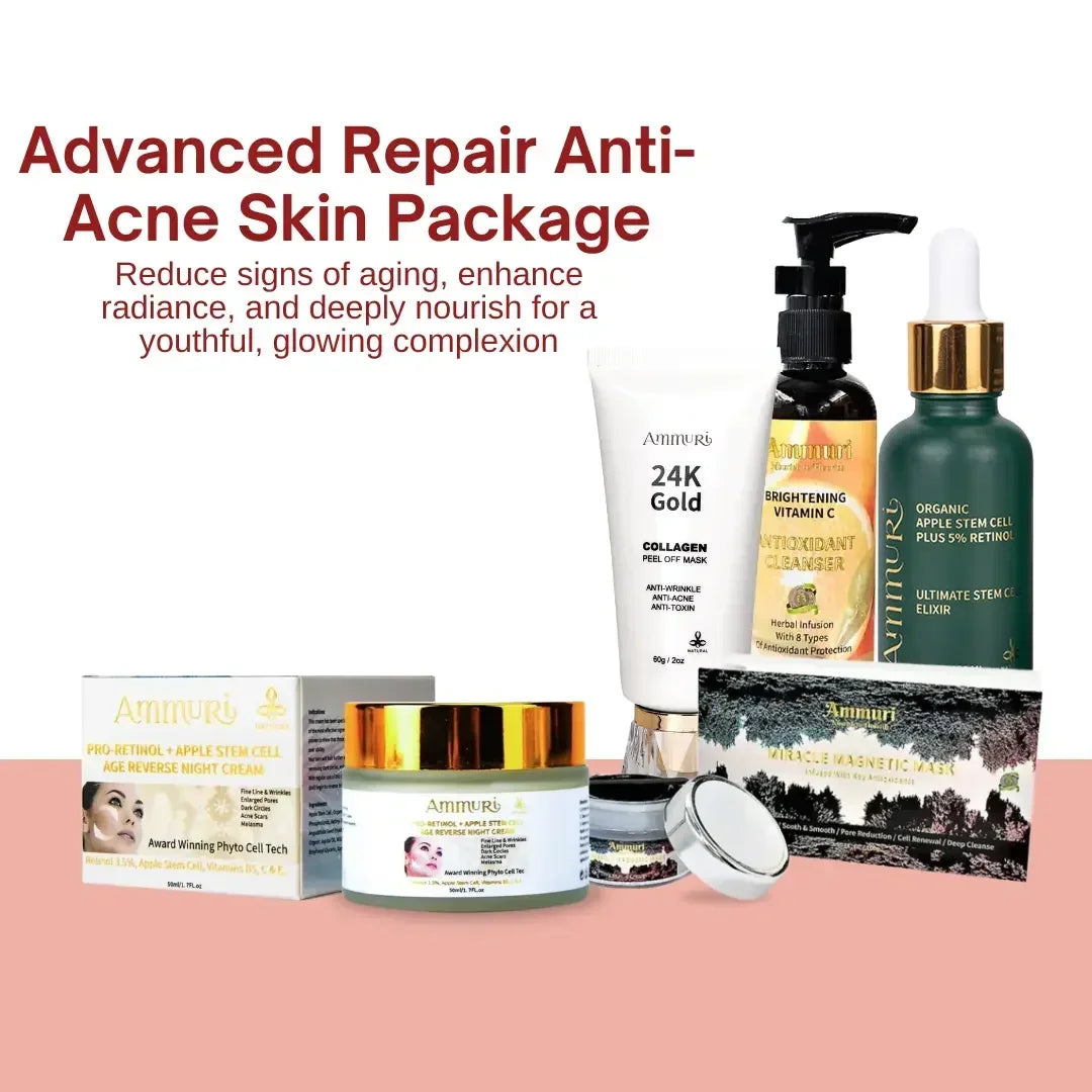 Amruth skincare products including cream, mask, and serum with promotional text on a white background.
