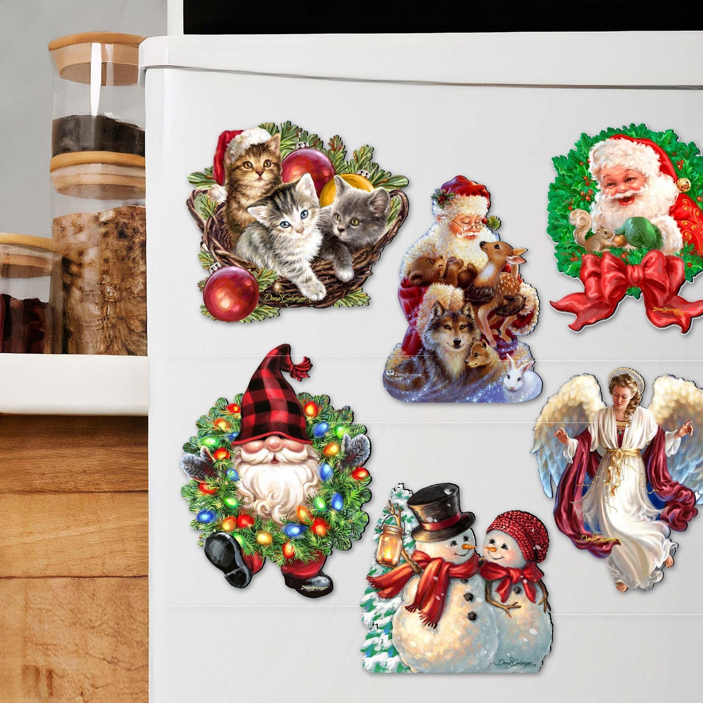 Decorative Christmas magnets on a refrigerator door