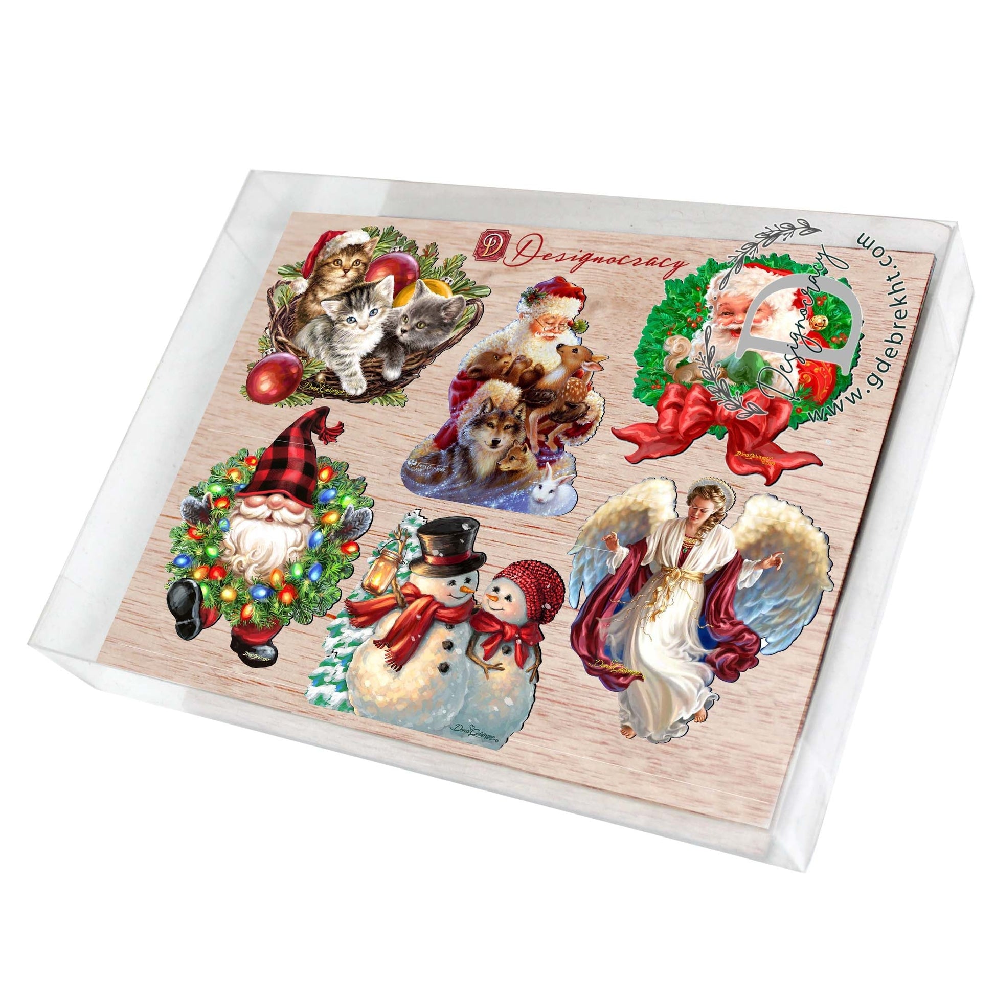 Set of Christmas-themed coasters with various characters on a wooden-patterned background.